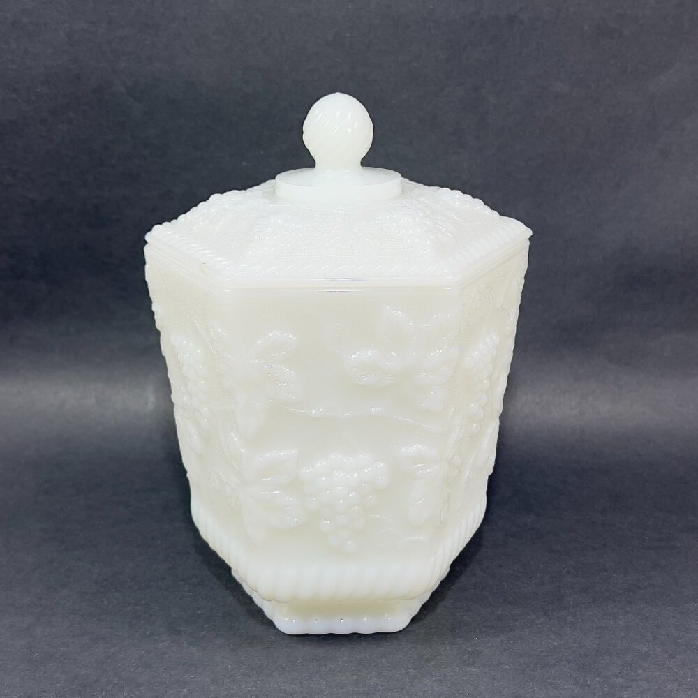 Vtg Anchor Hocking Fire King Milk Glass Harvest Grape Canister Cookie Jar Lid